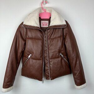 Levi's Brown Faux Leather Breanna Puffer Jacket Coat Sherpa Collar Size XS EUC